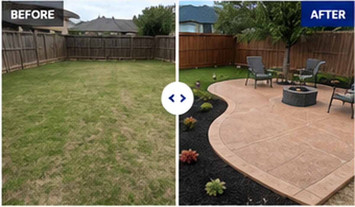 Before and after backyard concrete patio transformation