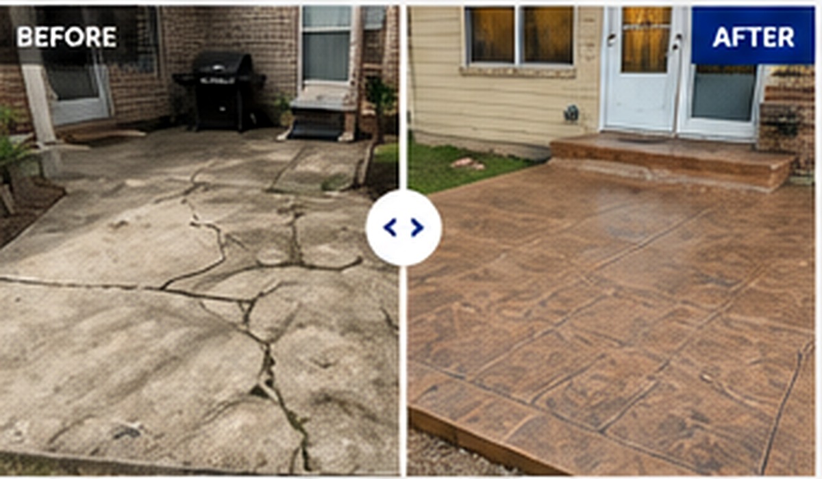 Before and after cracked concrete patio replacement