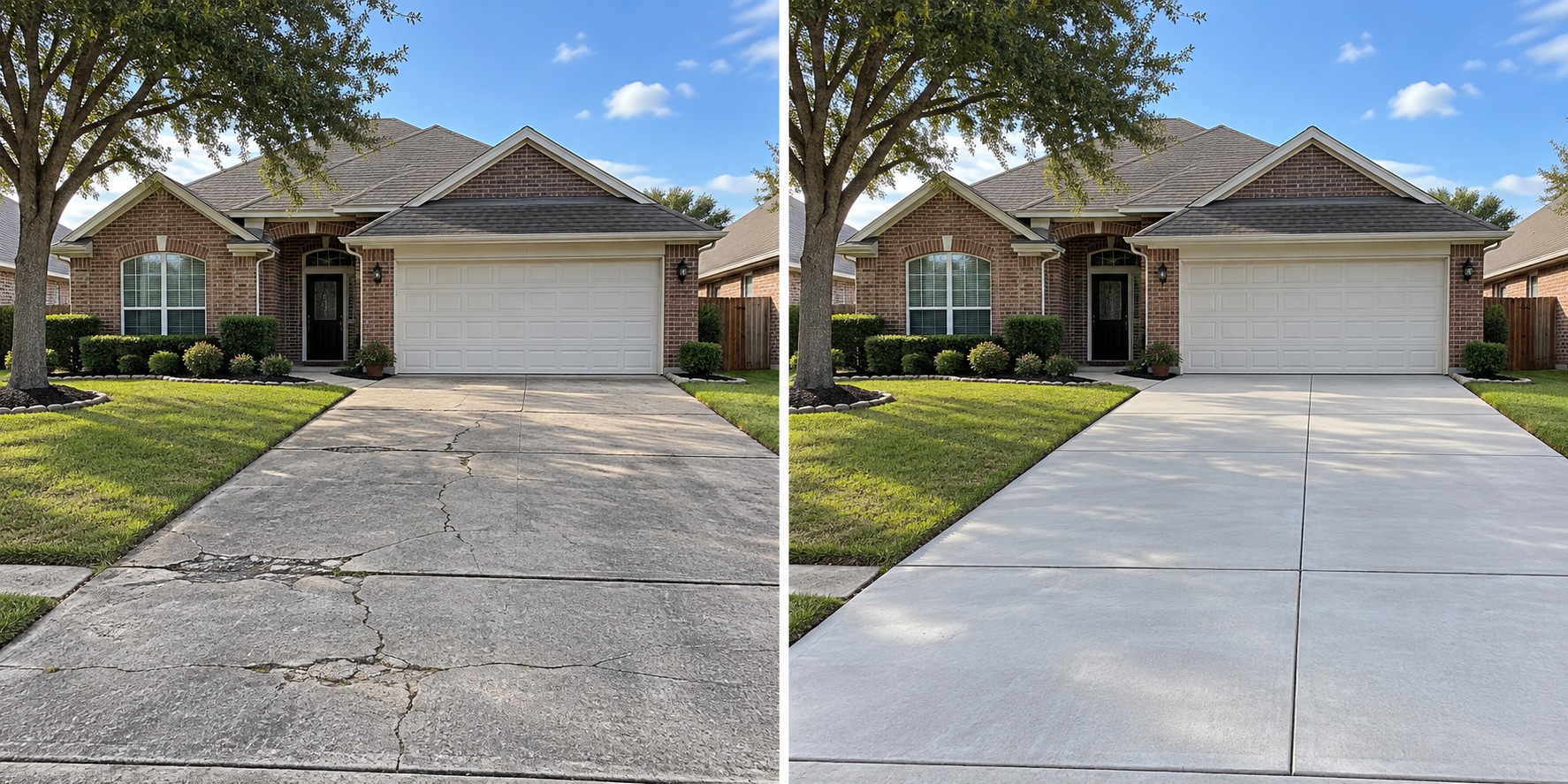 AI-generated comparison of the same house and driveway, with cracked concrete on the left and replacement concrete on the right